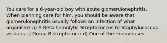 You care for a 6-year-old boy with acute glomerulonephritis. When planning care for him, you should be aware that glomerulonephritis usually follows an infection of what organism? a) A Beta-hemolytic Streptococcus b) Staphylococcus viridans c) Group B streptococci d) One of the rhinoviruses