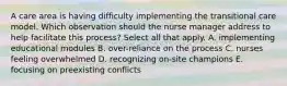 A care area is having difficulty implementing the transitional care model. Which observation should the nurse manager address to help facilitate this process? Select all that apply. A. implementing educational modules B. over-reliance on the process C. nurses feeling overwhelmed D. recognizing on-site champions E. focusing on preexisting conflicts