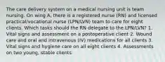 The care delivery system on a medical nursing unit is team nursing. On wing A, there is a registered nurse (RN) and licensed practical/vocational nurse (LPN/LVN) team to care for eight clients. Which tasks should the RN delegate to the LPN/LVN? 1. Vital signs and assessment on a postoperative client 2. Wound care and oral and intravenous (IV) medications for all clients 3. Vital signs and hygiene care on all eight clients 4. Assessments on two young, stable clients