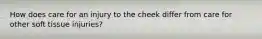 How does care for an injury to the cheek differ from care for other soft tissue injuries?