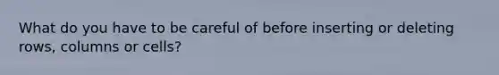 What do you have to be careful of before inserting or deleting rows, columns or cells?