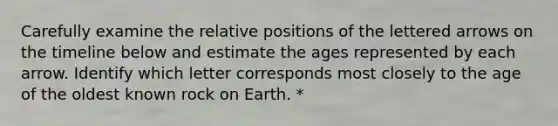 Carefully examine the relative positions of the lettered arrows on the timeline below and estimate the ages represented by each arrow. Identify which letter corresponds most closely to the age of the oldest known rock on Earth. *