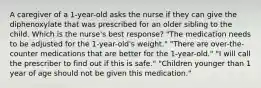 A caregiver of a 1-year-old asks the nurse if they can give the diphenoxylate that was prescribed for an older sibling to the child. Which is the nurse's best response? "The medication needs to be adjusted for the 1-year-old's weight." "There are over-the-counter medications that are better for the 1-year-old." "I will call the prescriber to find out if this is safe." "Children younger than 1 year of age should not be given this medication."