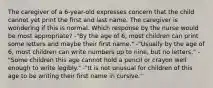 The caregiver of a 6-year-old expresses concern that the child cannot yet print the first and last name. The caregiver is wondering if this is normal. Which response by the nurse would be most appropriate? -"By the age of 6, most children can print some letters and maybe their first name." -"Usually by the age of 6, most children can write numbers up to nine, but no letters." -"Some children this age cannot hold a pencil or crayon well enough to write legibly." -"It is not unusual for children of this age to be writing their first name in cursive."