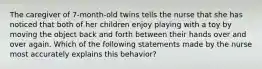 The caregiver of 7-month-old twins tells the nurse that she has noticed that both of her children enjoy playing with a toy by moving the object back and forth between their hands over and over again. Which of the following statements made by the nurse most accurately explains this behavior?