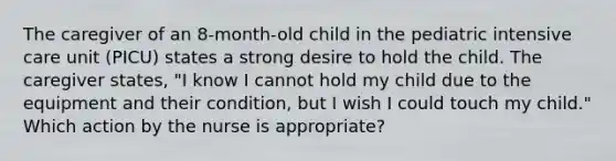 The caregiver of an 8-month-old child in the pediatric intensive care unit (PICU) states a strong desire to hold the child. The caregiver states, "I know I cannot hold my child due to the equipment and their condition, but I wish I could touch my child." Which action by the nurse is appropriate?