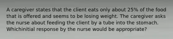 A caregiver states that the client eats only about 25% of the food that is offered and seems to be losing weight. The caregiver asks the nurse about feeding the client by a tube into the stomach. Whichinitial response by the nurse would be appropriate?