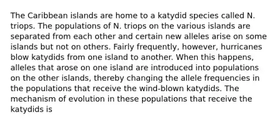 The Caribbean islands are home to a katydid species called N. triops. The populations of N. triops on the various islands are separated from each other and certain new alleles arise on some islands but not on others. Fairly frequently, however, hurricanes blow katydids from one island to another. When this happens, alleles that arose on one island are introduced into populations on the other islands, thereby changing the allele frequencies in the populations that receive the wind-blown katydids. The mechanism of evolution in these populations that receive the katydids is