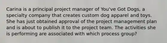 Carina is a principal project manager of You've Got Dogs, a specialty company that creates custom dog apparel and toys. She has just obtained approval of the project management plan and is about to publish it to the project team. The activities she is performing are associated with which process group?