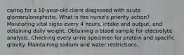 caring for a 10-year-old client diagnosed with acute glomerulonephritis. What is the nurse's priority action? Monitoring vital signs every 4 hours, intake and output, and obtaining daily weight. Obtaining a blood sample for electrolyte analysis. Checking every urine specimen for protein and specific gravity. Maintaining sodium and water restrictions.