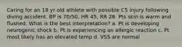 Caring for an 18 yr old athlete with possible C5 injury following diving accident. BP is 70/50, HR 45, RR 26. Pts skin is warm and flushed. What is the best interpretation? a. Pt is developing neurogenic shock b. Pt is experiencing an allergic reaction c. Pt most likely has an elevated temp d. VSS are normal