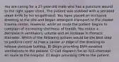 You are caring for a 27-year-old male who has a puncture wound to the right upper chest. The patient was stabbed with a serrated steak knife by his ex-girlfriend. You have placed an occlusive dressing to the site and began emergent transport to the closest trauma center. However, while en route the patient begins to complain of increasing shortness of breath. You notice a decrease in ventilatory volume and an increase in thoracic diameter. Which of the following options would be the best step to perform next? A) Free a corner or edge of the dressing to release pressure buildup. B) Begin providing BVM-assisted ventilations to the patient. C) Call dispatch for an ALS intercept en route to the hospital. D) Begin providing CPR to the patient.