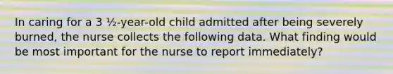 In caring for a 3 ½-year-old child admitted after being severely burned, the nurse collects the following data. What finding would be most important for the nurse to report immediately?