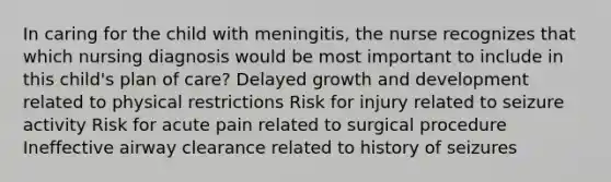 In caring for the child with meningitis, the nurse recognizes that which nursing diagnosis would be most important to include in this child's plan of care? Delayed growth and development related to physical restrictions Risk for injury related to seizure activity Risk for acute pain related to surgical procedure Ineffective airway clearance related to history of seizures