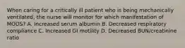 When caring for a critically ill patient who is being mechanically ventilated, the nurse will monitor for which manifestation of MODS? A. Increased serum albumin B. Decreased respiratory compliance C. Increased GI motility D. Decreased BUN/creatinine ratio