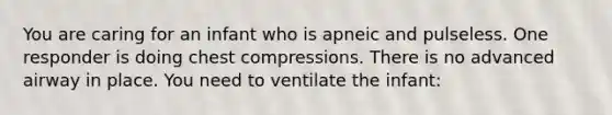 You are caring for an infant who is apneic and pulseless. One responder is doing chest compressions. There is no advanced airway in place. You need to ventilate the infant: