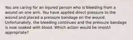 You are caring for an injured person who is bleeding from a wound on one arm. You have applied direct pressure to the wound and placed a pressure bandage on the wound. Unfortunately, the bleeding continues and the pressure bandage is now soaked with blood. Which action would be imost/i appropriate?