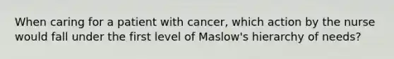 When caring for a patient with cancer, which action by the nurse would fall under the first level of Maslow's hierarchy of needs?