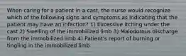 When caring for a patient in a cast, the nurse would recognize which of the following signs and symptoms as indicating that the patient may have an infection? 1) Excessive itching under the cast 2) Swelling of the immobilized limb 3) Malodorous discharge from the immobilized limb 4) Patient's report of burning or tingling in the immobilized limb