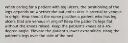 When caring for a patient with leg ulcers, the positioning of the legs depends on whether the patient's ulcer is arterial or venous in origin. How should the nurse position a patient who has leg ulcers that are venous in origin? Keep the patient's legs flat without the knees raised. Keep the patient's knees at a 45-degree angle. Elevate the patient's lower extremities. Hang the patient's legs over the side of the bed