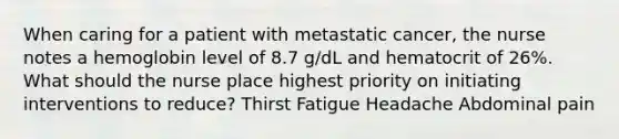 When caring for a patient with metastatic cancer, the nurse notes a hemoglobin level of 8.7 g/dL and hematocrit of 26%. What should the nurse place highest priority on initiating interventions to reduce? Thirst Fatigue Headache Abdominal pain