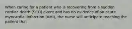 When caring for a patient who is recovering from a sudden cardiac death (SCD) event and has no evidence of an acute myocardial infarction (AMI), the nurse will anticipate teaching the patient that