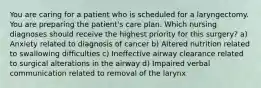 You are caring for a patient who is scheduled for a laryngectomy. You are preparing the patient's care plan. Which nursing diagnoses should receive the highest priority for this surgery? a) Anxiety related to diagnosis of cancer b) Altered nutrition related to swallowing difficulties c) Ineffective airway clearance related to surgical alterations in the airway d) Impaired verbal communication related to removal of the larynx