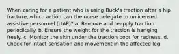 When caring for a patient who is using Buck's traction after a hip fracture, which action can the nurse delegate to unlicensed assistive personnel (UAP)? a. Remove and reapply traction periodically. b. Ensure the weight for the traction is hanging freely. c. Monitor the skin under the traction boot for redness. d. Check for intact sensation and movement in the affected leg.