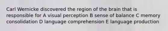 Carl Wernicke discovered the region of the brain that is responsible for A visual perception B sense of balance C memory consolidation D language comprehension E language production