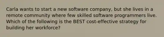 Carla wants to start a new software company, but she lives in a remote community where few skilled software programmers live. Which of the following is the BEST cost-effective strategy for building her workforce?