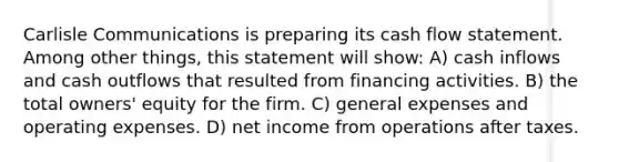 Carlisle Communications is preparing its cash flow statement. Among other things, this statement will show: A) cash inflows and cash outflows that resulted from financing activities. B) the total owners' equity for the firm. C) general expenses and operating expenses. D) net income from operations after taxes.