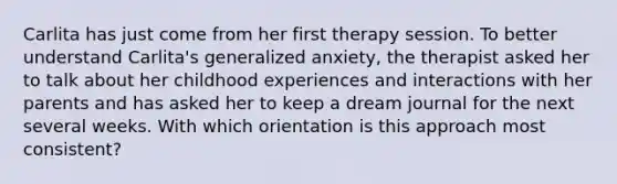 Carlita has just come from her first therapy session. To better understand Carlita's generalized anxiety, the therapist asked her to talk about her childhood experiences and interactions with her parents and has asked her to keep a dream journal for the next several weeks. With which orientation is this approach most consistent?