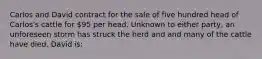 Carlos and David contract for the sale of five hundred head of Carlos's cattle for 95 per head. Unknown to either party, an unforeseen storm has struck the herd and and many of the cattle have died. David is: