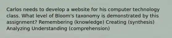 Carlos needs to develop a website for his computer technology class. What level of Bloom's taxonomy is demonstrated by this assignment? Remembering (knowledge) Creating (synthesis) Analyzing Understanding (comprehension)