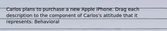 Carlos plans to purchase a new Apple iPhone. Drag each description to the component of Carlos's attitude that it represents: Behavioral