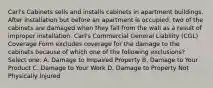 Carl's Cabinets sells and installs cabinets in apartment buildings. After installation but before an apartment is occupied, two of the cabinets are damaged when they fall from the wall as a result of improper installation. Carl's Commercial General Liability (CGL) Coverage Form excludes coverage for the damage to the cabinets because of which one of the following exclusions? Select one: A. Damage to Impaired Property B. Damage to Your Product C. Damage to Your Work D. Damage to Property Not Physically Injured