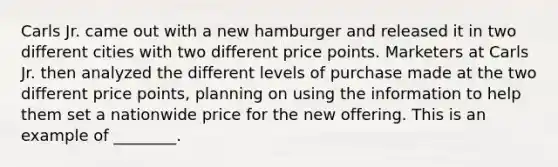 Carls Jr. came out with a new hamburger and released it in two different cities with two different price points. Marketers at Carls Jr. then analyzed the different levels of purchase made at the two different price points, planning on using the information to help them set a nationwide price for the new offering. This is an example of ________.