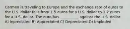 Carmen is traveling to Europe and the exchange rate of euros to the U.S. dollar falls from 1.5 euros for a U.S. dollar to 1.2 euros for a U.S. dollar. The euro has __________ against the U.S. dollar. A) Inpreciated B) Appreciated C) Depreciated D) Imploded