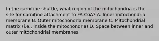 In the carnitine shuttle, what region of the mitochondria is the site for carnitine attachment to FA-CoA? A. Inner mitochondria membrane B. Outer mitochondria membrane C. Mitochondrial matrix (i.e., inside the mitochondria) D. Space between inner and outer mitochondrial membranes