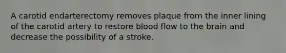 A carotid endarterectomy removes plaque from the inner lining of the carotid artery to restore blood flow to the brain and decrease the possibility of a stroke.