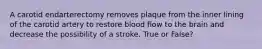 A carotid endarterectomy removes plaque from the inner lining of the carotid artery to restore blood flow to the brain and decrease the possibility of a stroke. True or False?