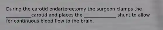 During the carotid endarterectomy the surgeon clamps the ___________carotid and places the ______________ shunt to allow for continuous blood flow to the brain.