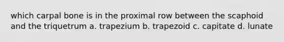 which carpal bone is in the proximal row between the scaphoid and the triquetrum a. trapezium b. trapezoid c. capitate d. lunate