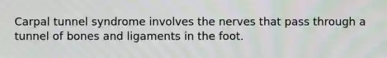 Carpal tunnel syndrome involves the nerves that pass through a tunnel of bones and ligaments in the foot.​