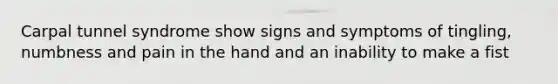 Carpal tunnel syndrome show signs and symptoms of tingling, numbness and pain in the hand and an inability to make a fist