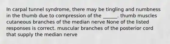 In carpal tunnel syndrome, there may be tingling and numbness in the thumb due to compression of the ______. thumb muscles cutaneous branches of the median nerve None of the listed responses is correct. muscular branches of the posterior cord that supply the median nerve