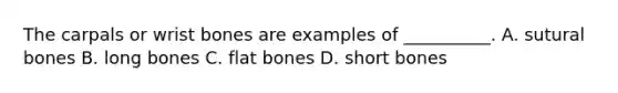 The carpals or wrist bones are examples of __________. A. sutural bones B. long bones C. flat bones D. short bones