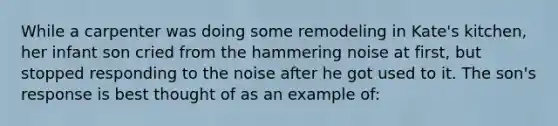 While a carpenter was doing some remodeling in Kate's kitchen, her infant son cried from the hammering noise at first, but stopped responding to the noise after he got used to it. The son's response is best thought of as an example of: