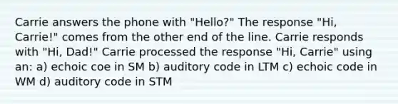 Carrie answers the phone with "Hello?" The response "Hi, Carrie!" comes from the other end of the line. Carrie responds with "Hi, Dad!" Carrie processed the response "Hi, Carrie" using an: a) echoic coe in SM b) auditory code in LTM c) echoic code in WM d) auditory code in STM