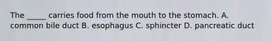 The _____ carries food from the mouth to the stomach. A. common bile duct B. esophagus C. sphincter D. pancreatic duct